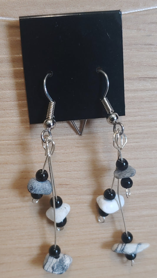 Three Strand Howlite Earrings (Black Beads)