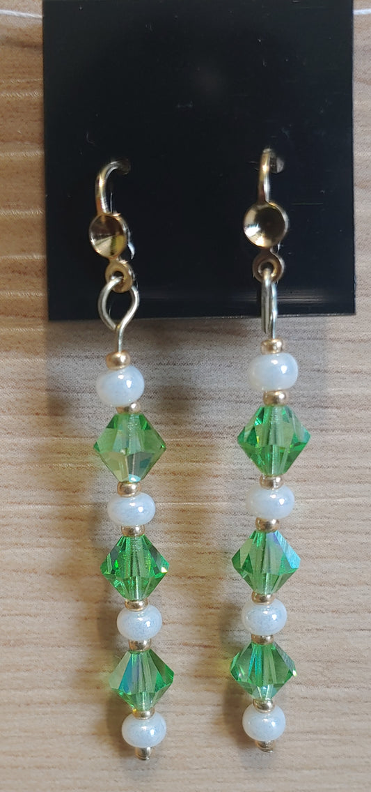 Long Crystal and Pearlized Czech Bead Drop Earrings (Gold)