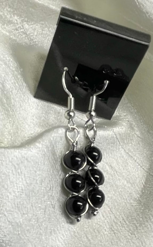 Three-Stone Wrapped Drop Earrings in Dyed Black Agate