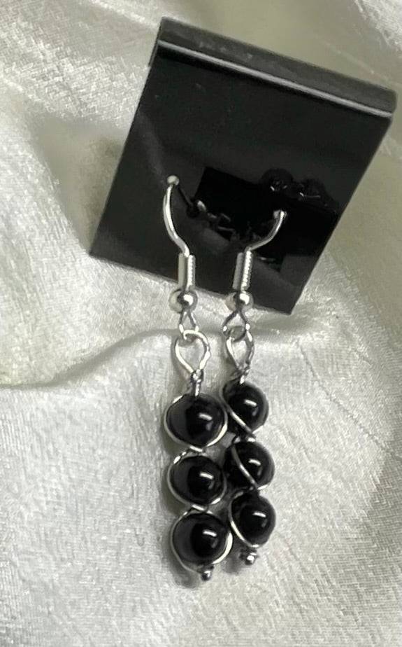 Three-Stone Wrapped Drop Earrings in Dyed Black Agate