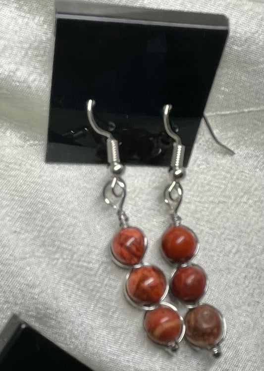 Three-Stone Wrapped Drop Earrings in Red Jasper