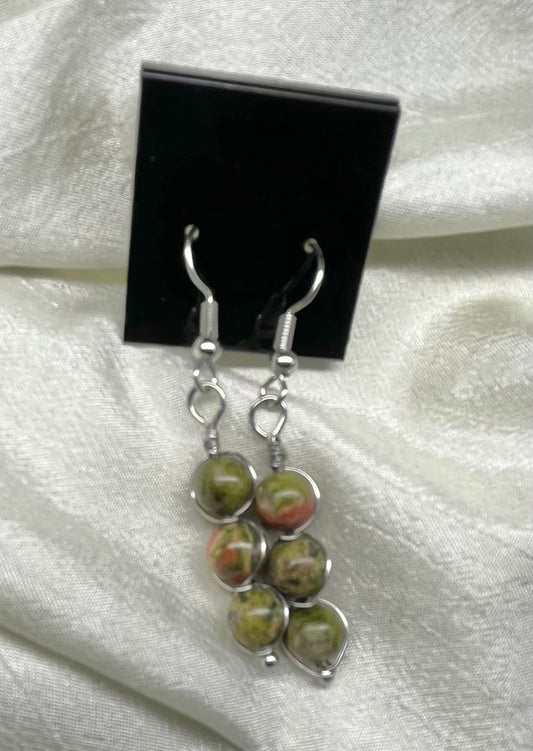 Three-Stone Wrapped Drop Earrings in Green Unakite