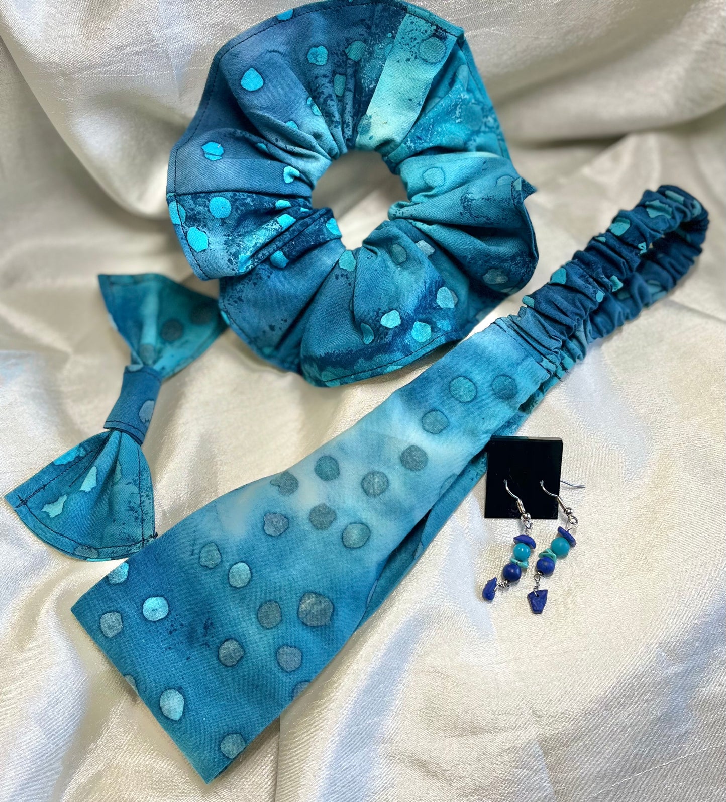 Blue "Raindrop" Batik Scrunchies